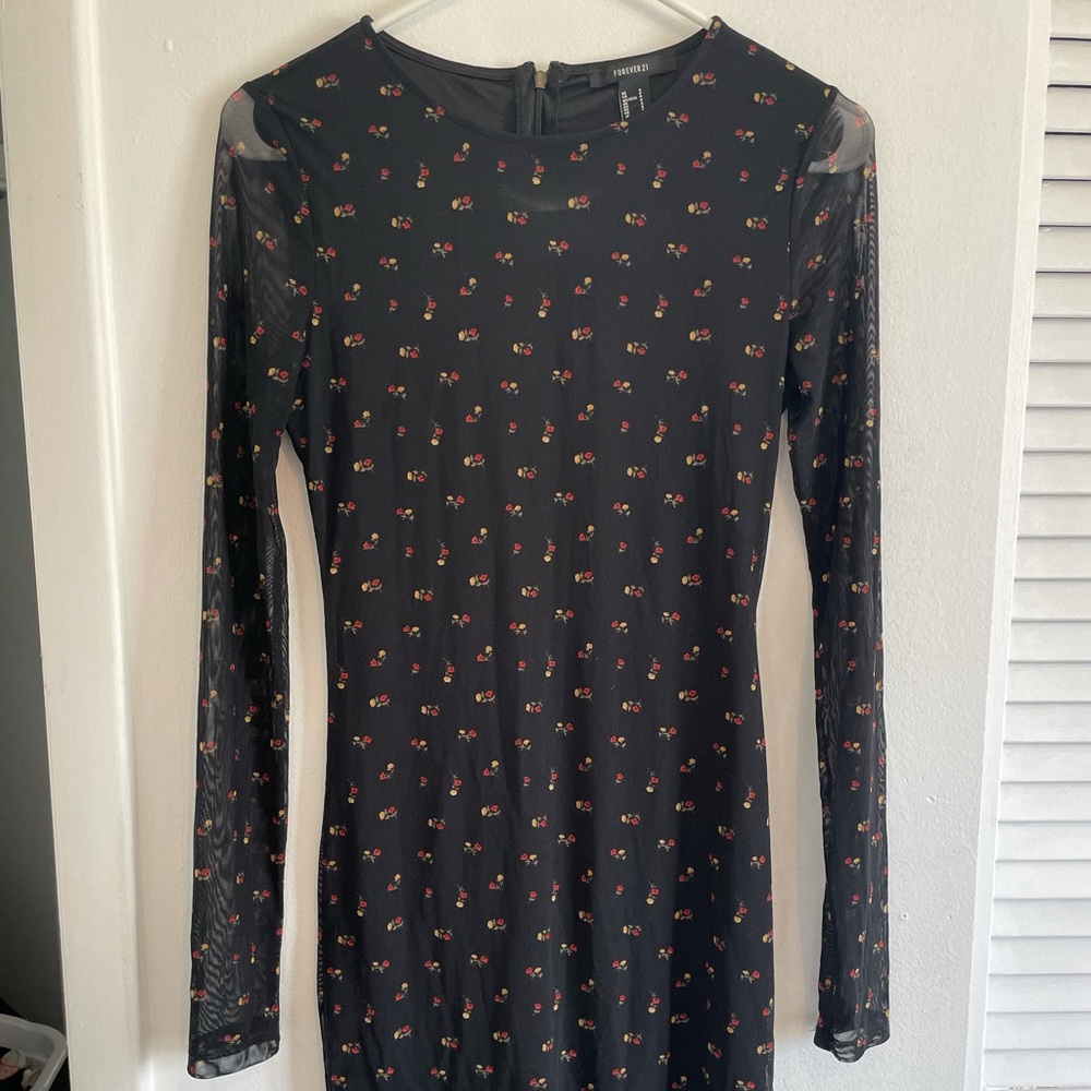 Black Mesh and Floral Print Bodycon Dress